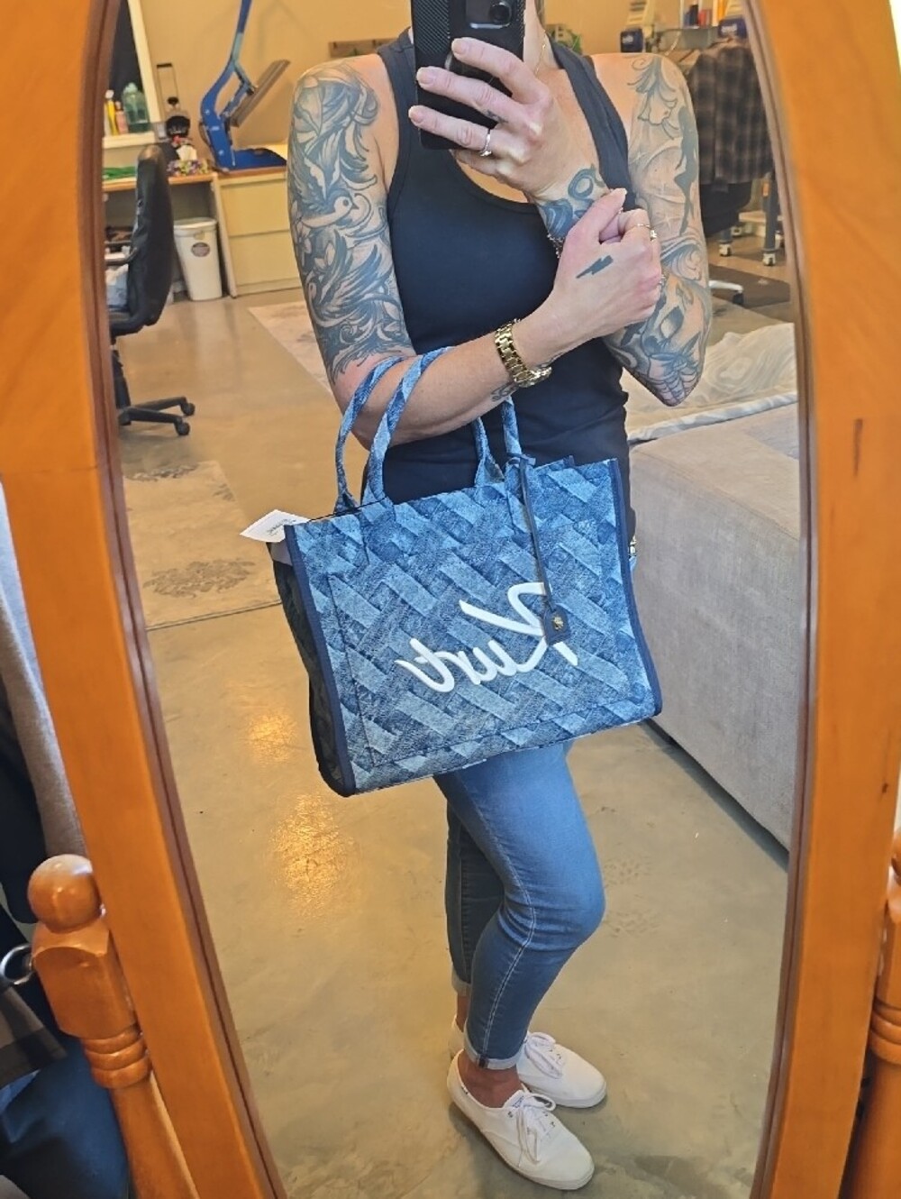 NWT Kurt Geiger Denim Blue Woven Tote with Script Logo - Picture 9 of 13